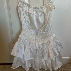 White satin ruffle off the shoulder romper